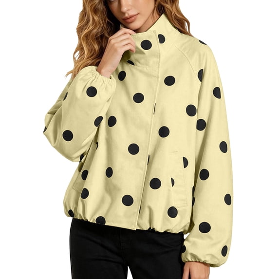 Women’s Polka Dot Jacket Long Sleeve Stand Collar Bomber Jackets (Yellow S)