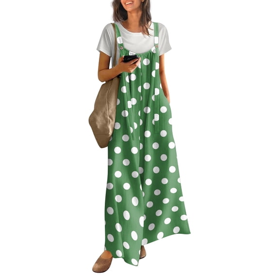 Women's Polka Dot Jumpsuit, Casual Wide Leg Bib Overalls with Pockets, Loose Fit Sleeveless Dot Print Summer Rompers Long Pants