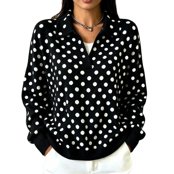 Women's Polka Dot Knit Sweater Long Sleeve Collared V Neck Casual Pullover Soft Relaxed Fit Fall Sweater