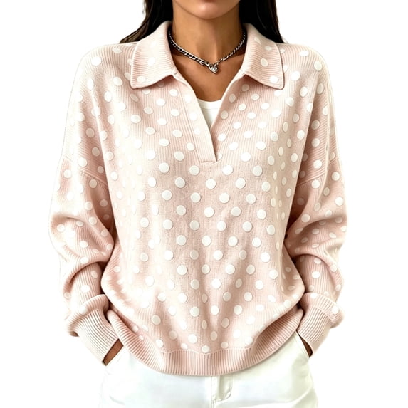 Women's Polka Dot Knit Sweater Long Sleeve Collared V Neck Casual Pullover Soft Relaxed Fit Fall Sweater