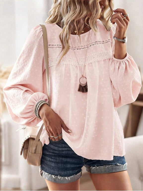 Women's Polka Dot Lace Trim Blouse, Round Neck Balloon Sleeve Loose Fit Top, Flowy Peasant Shirt, Boho Cottagecore Everyday Wear