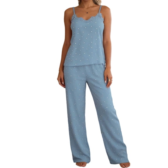 Women's Polka Dot Lace Trim Camisole and Long Pants Pajama Set Spaghetti Strap Breathable Loungewear Two Piece Light Blue