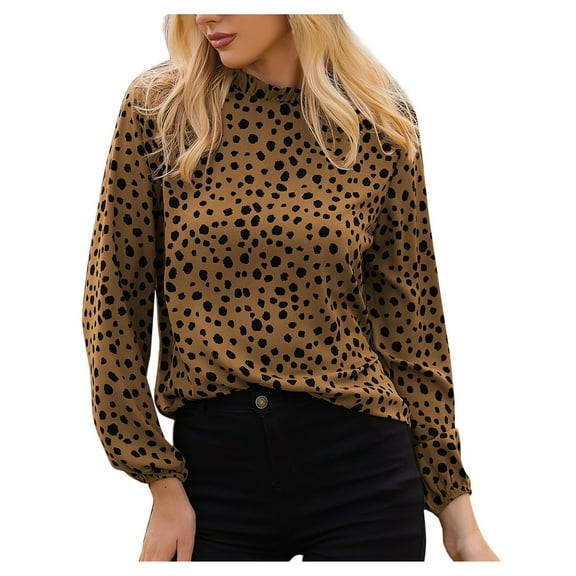 Women's Polka Dot Leopard Blouses Dressy Long Sleeve Mock Neck Shirt Tops Loose Fit Elegant Work Office Tshirts Top