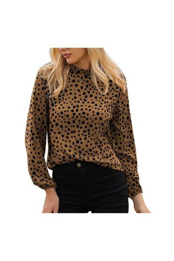 Women's Polka Dot Leopard Blouses Dressy Long Sleeve Mock Neck Shirt Tops Loose Fit Elegant Work Office Tshirts Top