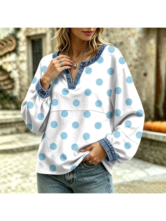 Women's Polka Dot Long Sleeve Top, Notch V-Neck Denim Trim Blouse, Loose Casual Pullover Tops Light Green M
