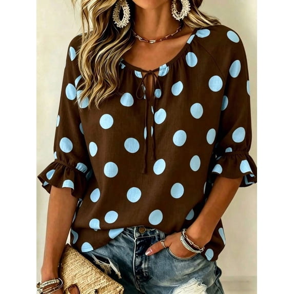 Women's Polka Dot Loose Fit 3/4 Sleeve Ruffle Hem Blouse