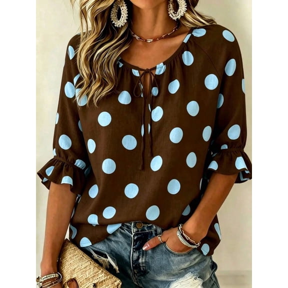 Women's Polka Dot Loose Fit 3/4 Sleeve Ruffle Hem Blouse
