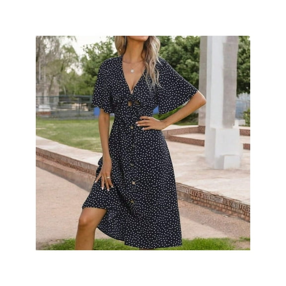 Women's Polka Dot Midi Dress with Front Tie Detail Short Sleeves and Button Front Design for a Flattering Fit- Small, Navy
