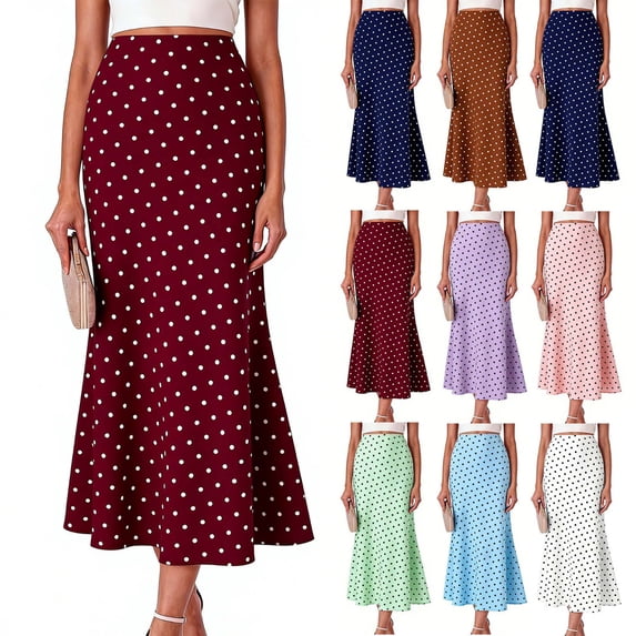 Women’s Polka Dot Midi Skirt High Waist Mermaid Flare Hem Bodycon Skirt Elegant Slim Fit Casual Office Party Summer Skirt
