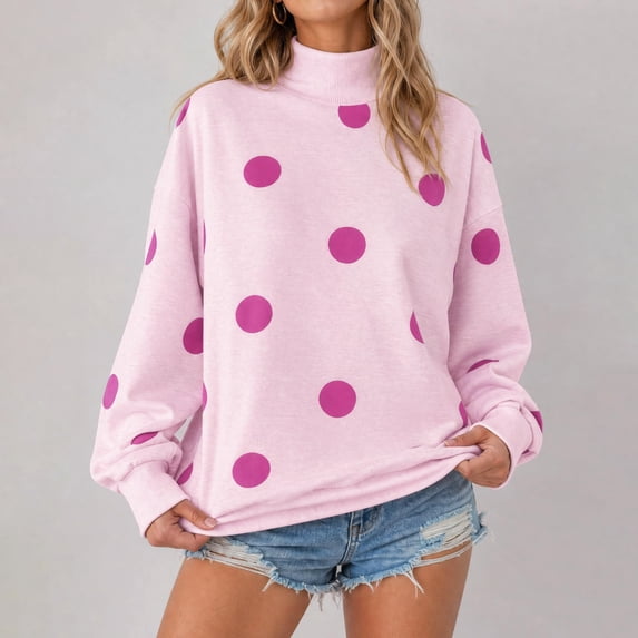 Women's Polka Dot Mock Neck Long Sleeve Pullover Sweatshirt Oversized Drop Shoulder Loose Fit Casual Fall Tops, S-2XL