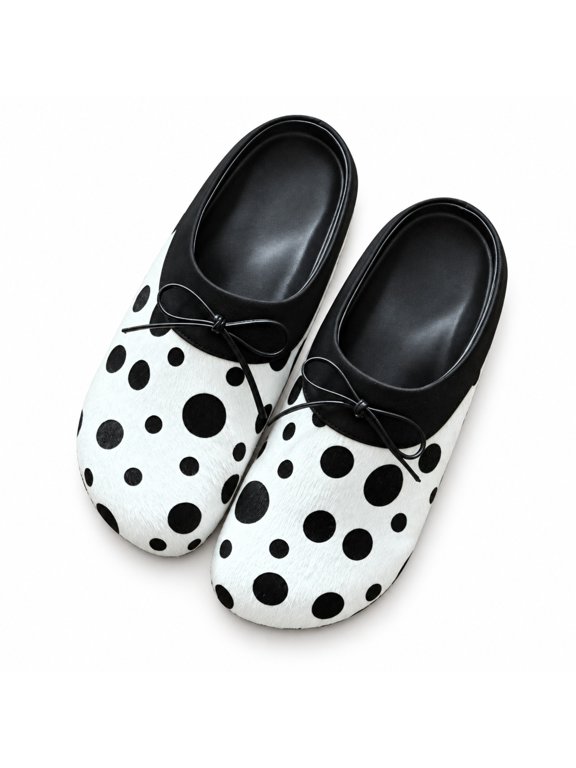 Women's Polka Dot Mule Flats, Bow Detail Closed-Toe Backless Slip-On Shoes