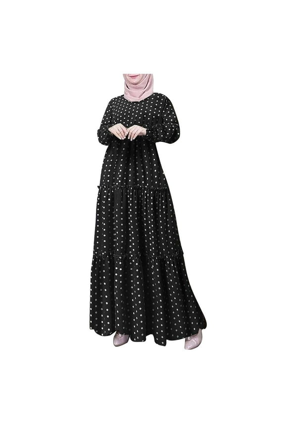 Women's Polka Dot Muslim Abaya Dress Tiered Kaftan Praying Dress Long Sleeve Flowy Maxi Dress Islamic Evening Gown