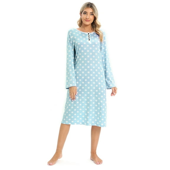 Women's Polka Dot Nightgown Button Long Sleeve Sleepwear Loose Crew Neck Pajama Dress