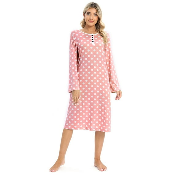 Women's Polka Dot Nightgown Button Long Sleeve Sleepwear Loose Crew Neck Pajama Dress