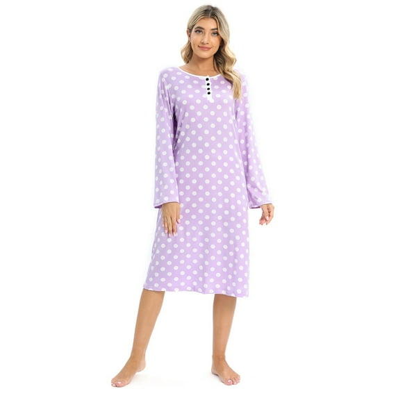Women's Polka Dot Nightgown Long Sleeve Button Up Nightshirt Over Knee Length Nightdress Casual Soft Sleep Dress Loungewear, S-2XL