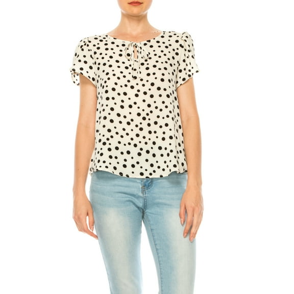 Women's Polka Dot Overlapping Short Sleeve Ribbon Accent Top