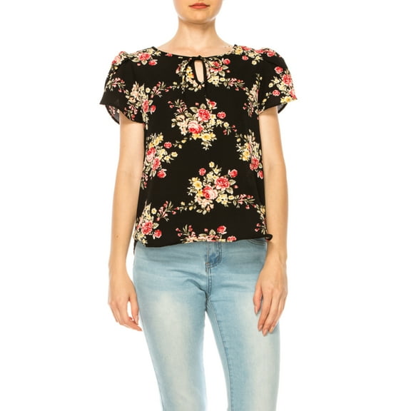 Women's Polka Dot Overlapping Short Sleeve Ribbon Accent Top