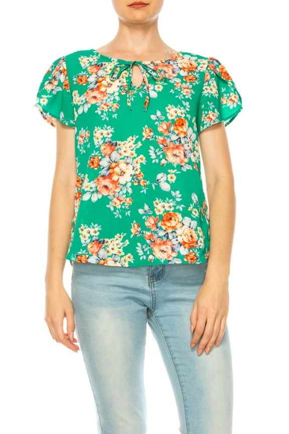 Women's Polka Dot Overlapping Short Sleeve Ribbon Accent Top