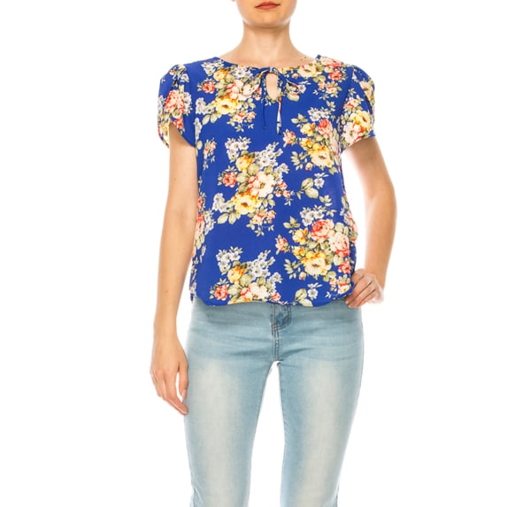 Women's Polka Dot Overlapping Short Sleeve Ribbon Accent Top