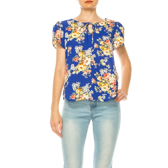 Women's Polka Dot Overlapping Short Sleeve Ribbon Accent Top