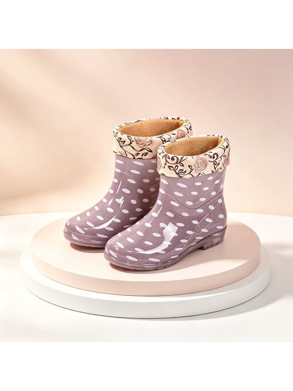 Women’s Polka Dot PVC Mid Calf Rain Boots, Floral Cuff Lined Waterproof Pull On Rubber Footwear for Daily Rainy Casual Wearing Gray 7.5