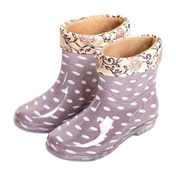 Women's Polka Dot PVC Mid Calf Rain Boots Floral Cuff Lined Waterproof