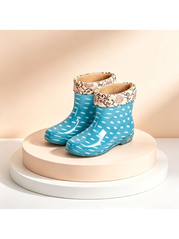 Women's Polka Dot PVC Mid Calf Slip On Rain Boots Floral Fabric Lining Glossy Transparent Surface Multi Print Shades for Rainy Daily Errands Outdoor Garden Walks Light Blue 36