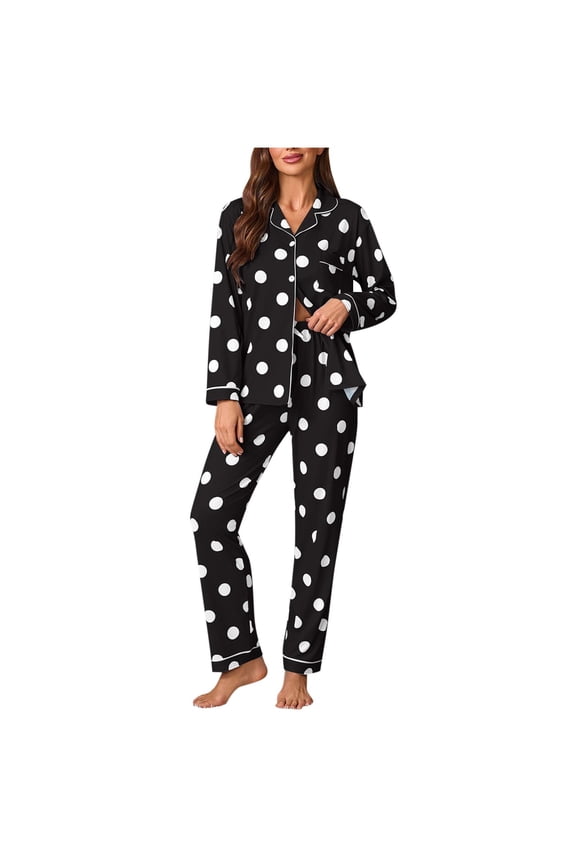 Women’s Polka Dot Pajama Set Long Sleeve Button Down Sleepwear Soft Cotton 2 Piece Pjs Loungewear Set Nightwear