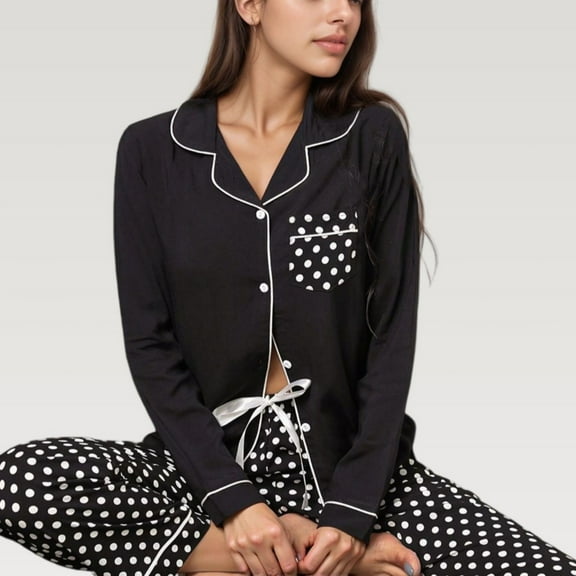 Women's Polka Dot Pajama Set with Long Sleeve Button Top and Elastic Waist Pants - Medium, Black