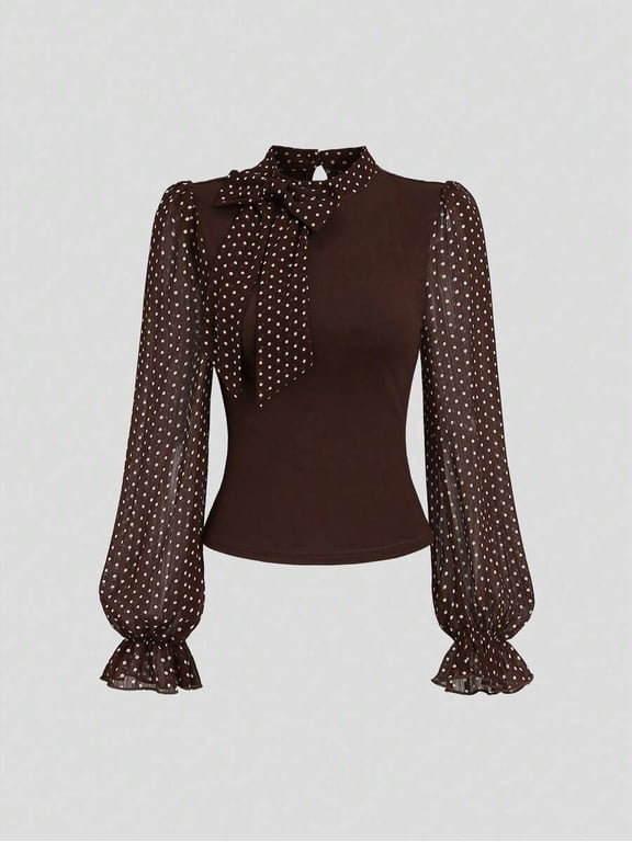 Women's Polka Dot Panel Blouse Tie Neck Long Sleeve Sheer Puff Sleeve Fitted Waist Top Elegant French Style for Office Commute & Smart Casual Occasions