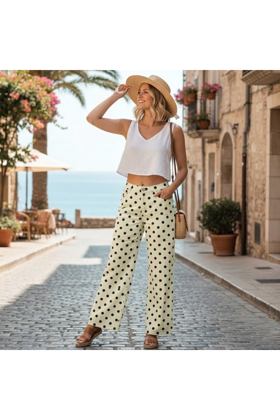 Women's Polka Dot Pants, Loose Fit Wide Leg Casual Trousers, Mid Rise Non Stretch Denim Pants for Women, Beach Vacation Outfits, Daily Wear and Relaxed Style-Beige