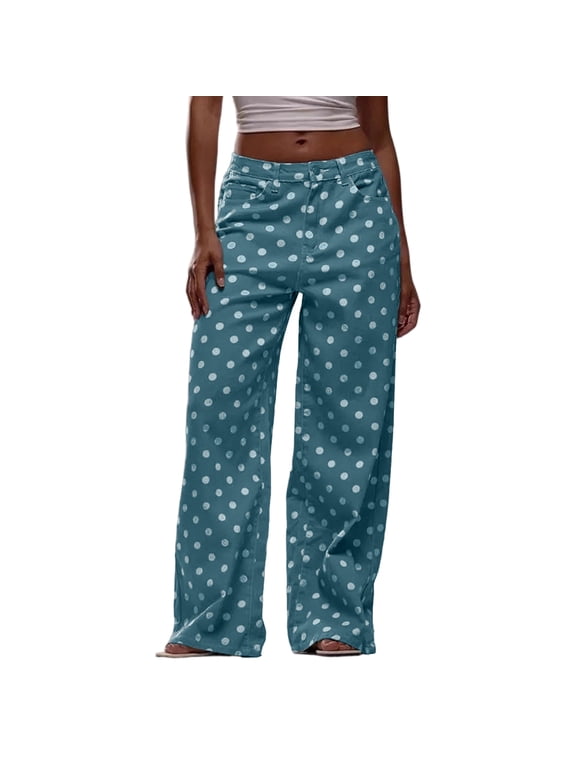 Women's Polka Dot Pattern Barrel Jeans Casual Wide Leg High Waisted Jeans Y2K Boyfriend Cute Denim Pants Leisure Relaxed Fit Fashion design Trousers Light Blue S