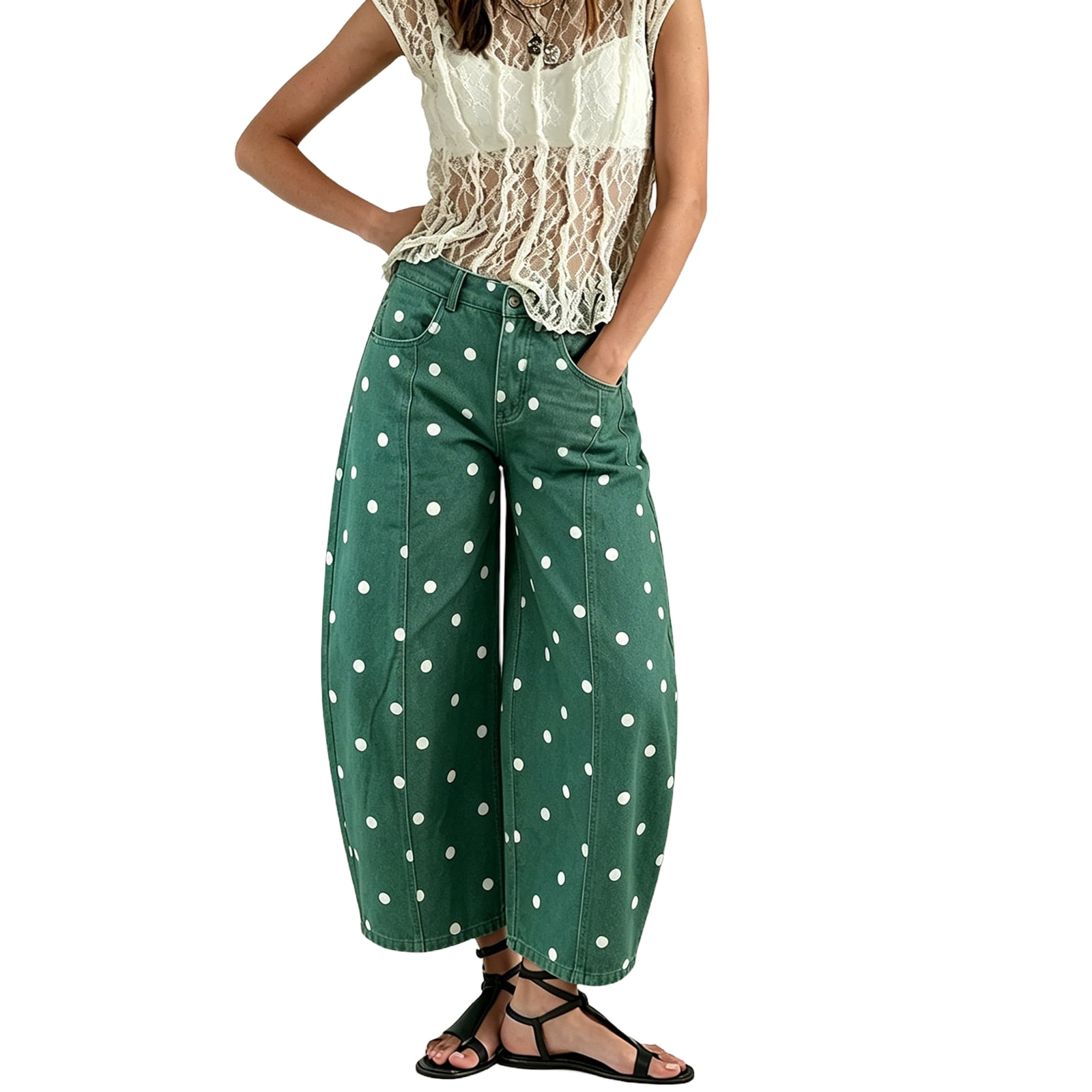 Women's Polka Dot Pattern Barrel Jeans Casual Wide Leg Mid Rise Denim ...