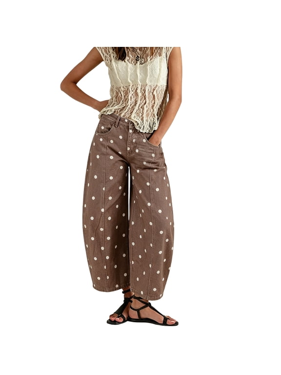 Women's Polka Dot Pattern Barrel Jeans Casual Wide Leg Mid Rise Denim Pants Curved Leg Trendy Cute Y2K Polka Dot Print Trousers