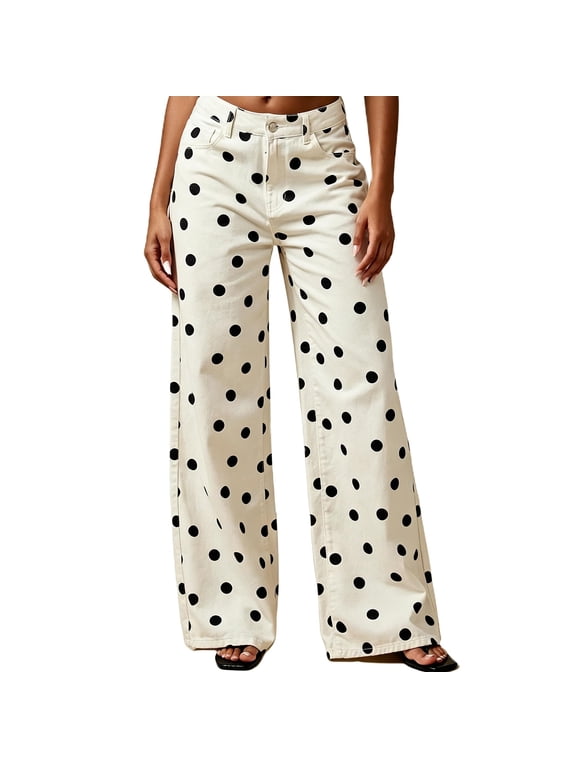 Women's Polka Dot Pattern Barrel Jeans Casual Wide Leg Mid Rise Denim Pants Y2K Boyfriend Cute Jeans M