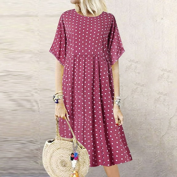Women's Polka Dot Pocket Dress Short Sleeve Round Neck Printed Casual Loose Fit Dresses Pink XXXL