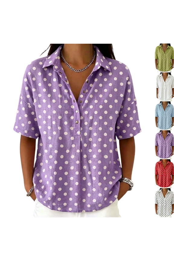 Women's Polka Dot Polo Shirt Cotton Linen Short Sleeve Collared Blouse Loose Fit Casual Summer Top 15 Purple M