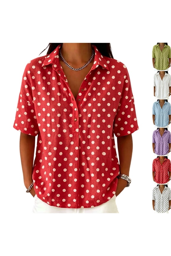 Women's Polka Dot Polo Shirt Cotton Linen Short Sleeve Collared Blouse Loose Fit Casual Summer Top 15 Red M