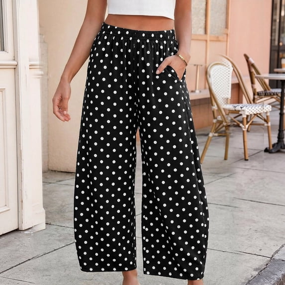 Women's Polka Dot Print Casual Wide Leg Pants, Elastic High Waist Baggy Trousers with Pockets and Comfy Fit, for Summer Daily Wear, Travel or Weekend Outings Black XXXL