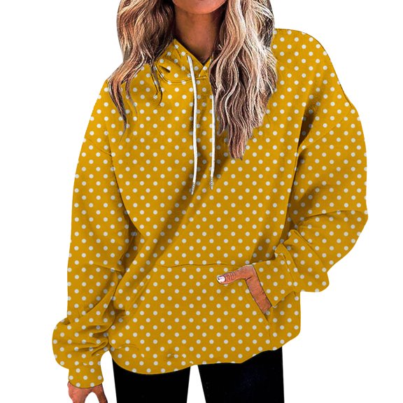 Women's Polka Dot Print Drawstring Hooded Sweatshirt with Pocket, Soft Breathable Long Sleeve Casual Pullover for Spring Autumn Streetwear, Beach Vacations and Daily Fashion Yellow L