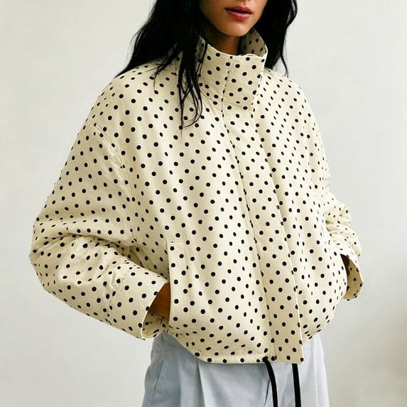 Women's Polka Dot Print Jacket Long Sleeve Stand Collar Zip Up Coat With Pockets Casual Outerwear Khaki XXL