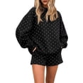 thumbnail image 1 of Women's Polka Dot Print Long Sleeve Top Elastic Waist Shorts Matching 2 Piece Loungewear Set Black XL, 1 of 9
