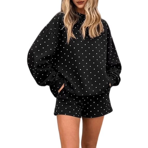 Women's Polka Dot Print Long Sleeve Top Elastic Waist Shorts Matching 2 Piece Loungewear Set Black XL