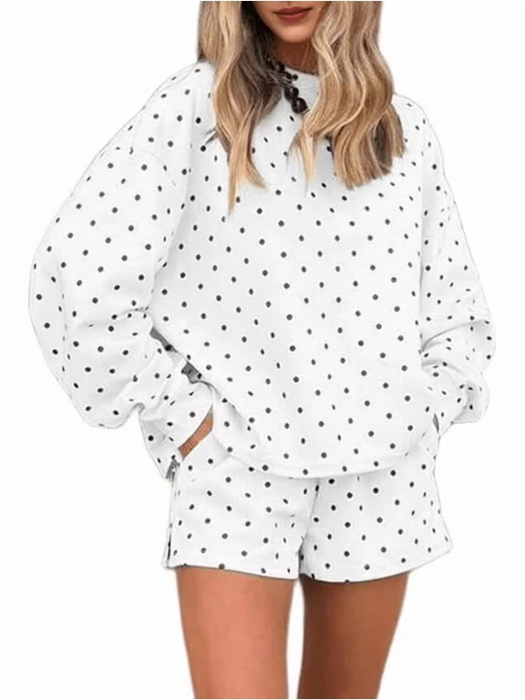 Women's Polka Dot Print Long Sleeve Top Elastic Waist Shorts Matching 2 Piece Loungewear Set White S