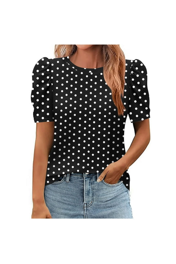 Women’s Polka Dot Print Puff Sleeve Tee, Round Neck Loose Fit Casual Spring Summer Top, S-2XL