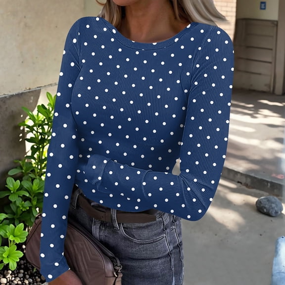 Women's Polka Dot Print Ribbed Long Sleeve Top, Crew Neck Slim Fit Stretchy Casual Shirt for Daily Layering Wear 04-Navy L