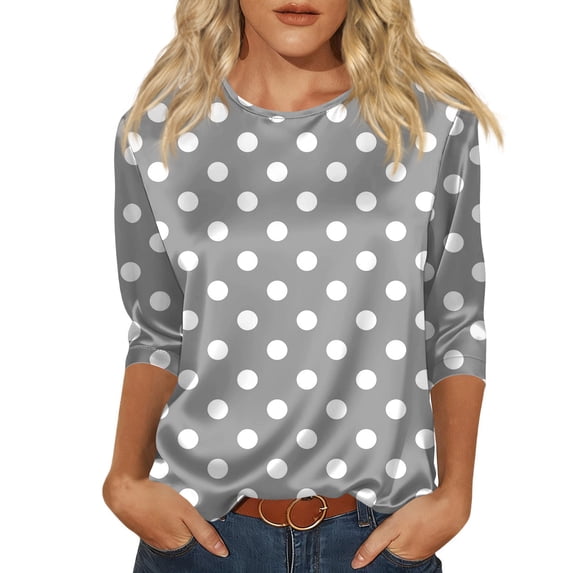 Women’s Polka Dot Print Satin Blouse Crew Neck Half Sleeve Relaxed Fit Top for Casual Daily Wear Gray M