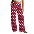 thumbnail image 1 of Women's Polka Dot Print Straight Leg Pants, Elastic High Waist Decorative Tie Loose Full Length Casual Trousers with Side Pockets Wine S(S), 1 of 6