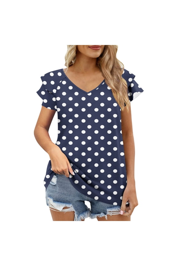 Women’s Polka Dot Print V-Neck Blouse, Flutter Short Sleeve Loose Fit Curved Hem Casual Top, S-2XL
