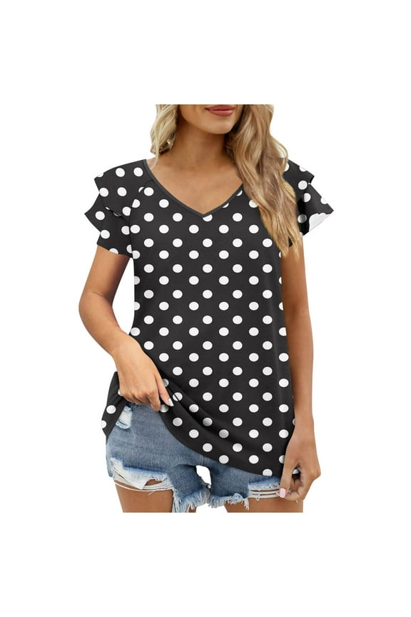 Women’s Polka Dot Print V-Neck Blouse, Flutter Short Sleeve Loose Fit Curved Hem Casual Top, S-2XL